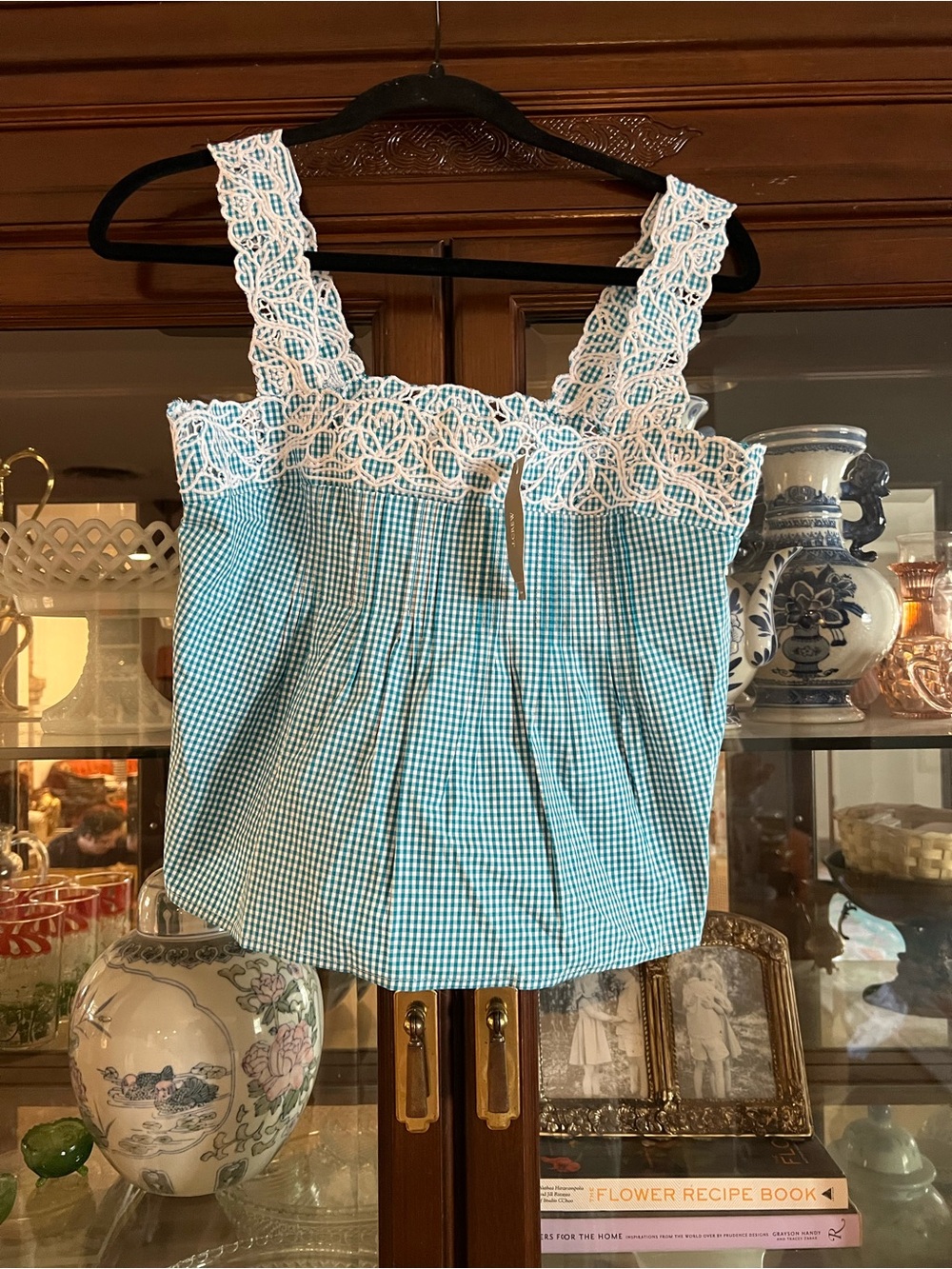 J. Crew Turquoise Gingham Tank with White Crochet Yoke